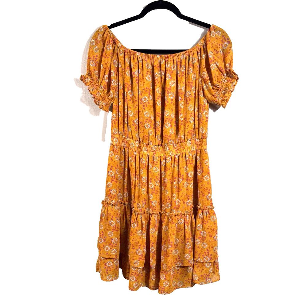 WAYF Size M Womens Orange Off Shoulder Floral Lined Boho Flowy Dress - EUC